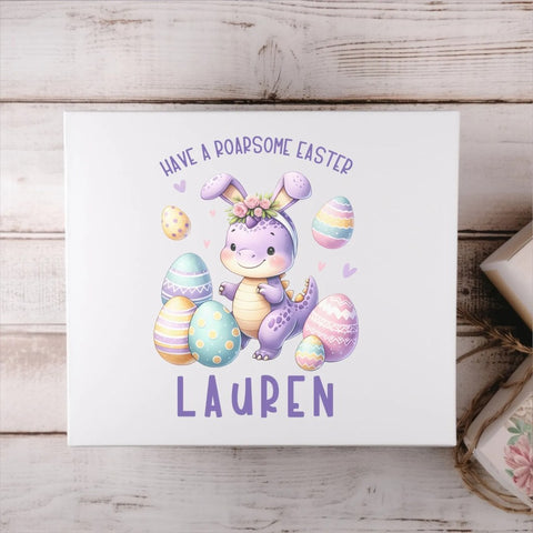 Personalised Purple Dino With Eggs Large Magnetic Easter Box