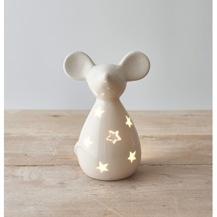 White Starry Mouse T-Light Holder, 14.5cm