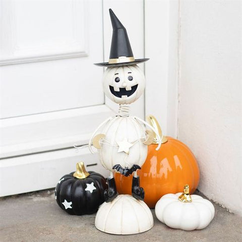 White Metal Pumpkin Man Ornament With Witch Hat