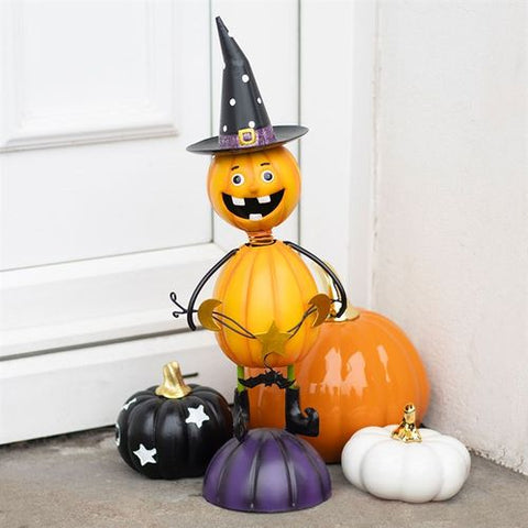 Orange Metal Pumpkin Man Ornament With Witch Hat