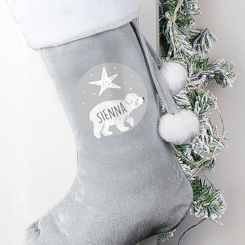 Personalised Baby Polar Bear Luxury Silver Grey Stocking