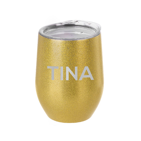 Personalised Glitter Stemless Insulated Wine Tumbler.