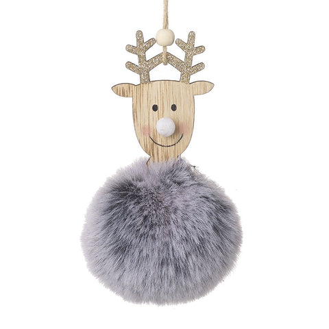 Fluffy Grey Hanging Reindeer Decoration.