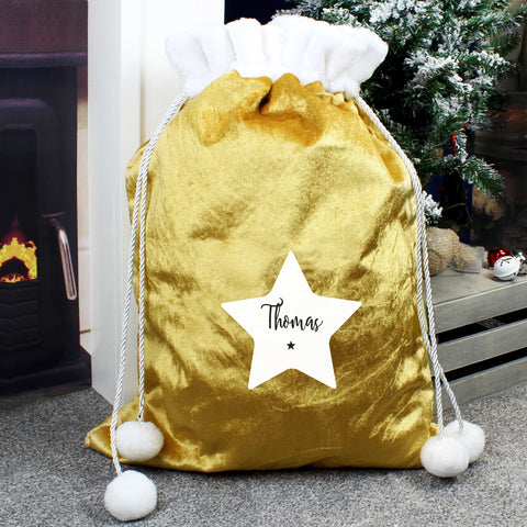 Personalised Star Luxury Pom Pom Gold Sack.