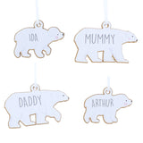 Personalised Set of Four Polar Bear Family Wooden Hanging Decorations.