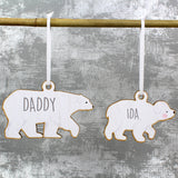 Personalised Set of Four Polar Bear Family Wooden Hanging Decorations.