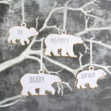 Personalised Set of Four Polar Bear Family Wooden Hanging Decorations.
