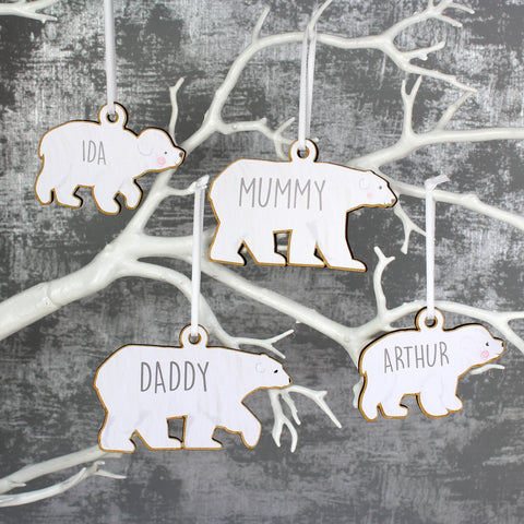 Personalised Set of Four Polar Bear Family Wooden Hanging Decorations.