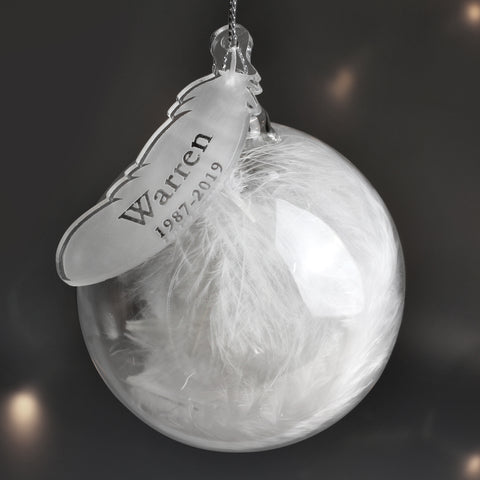 Personalised Name & Date Feather Glass Bauble.