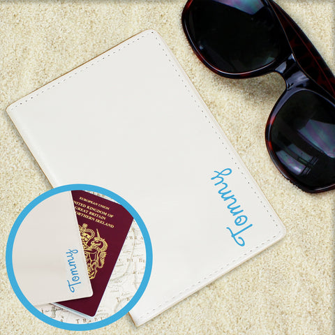 Personalised Blue Name Island Cream Passport Holder.