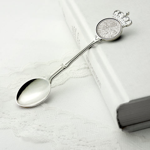 PERSONALISED SILVER PLATED LUCKY SIXPENCE TEASPOON.