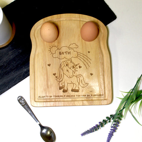 Personalised Unicorn Egg and Soldiers Board.